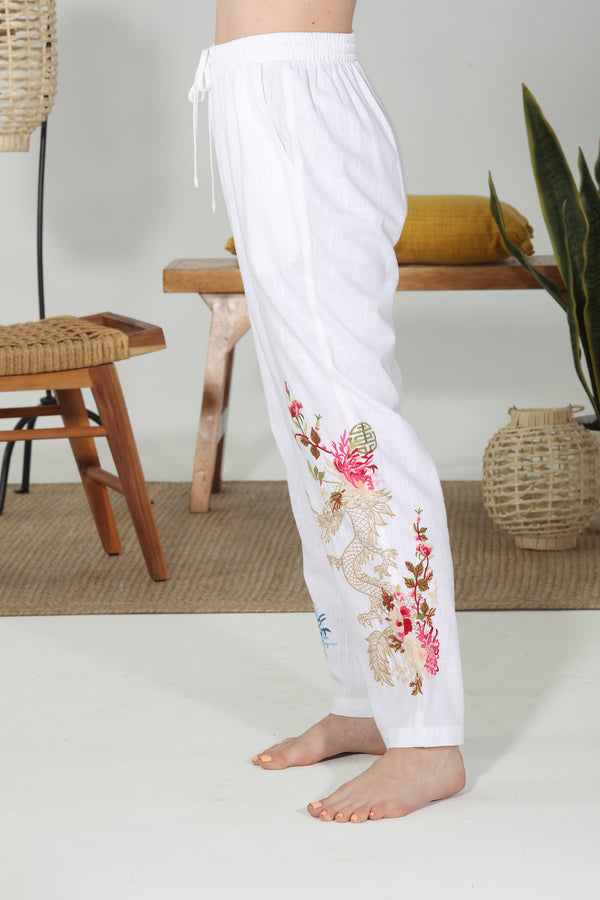 3047 Linen Tapered Pant w/embroidered Dragon