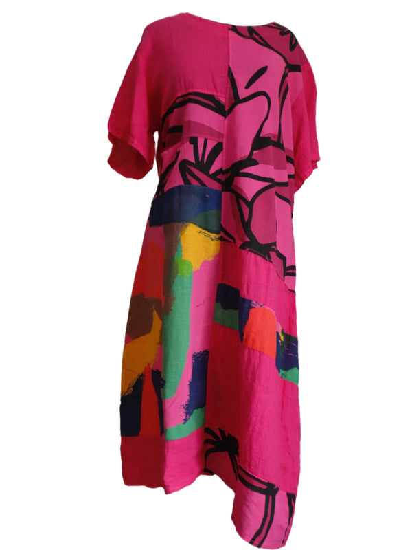 90617P-23 Linen Paint Dress-Fuchsia