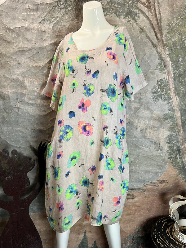 90847F-23 Linen Flower Dress-Beige